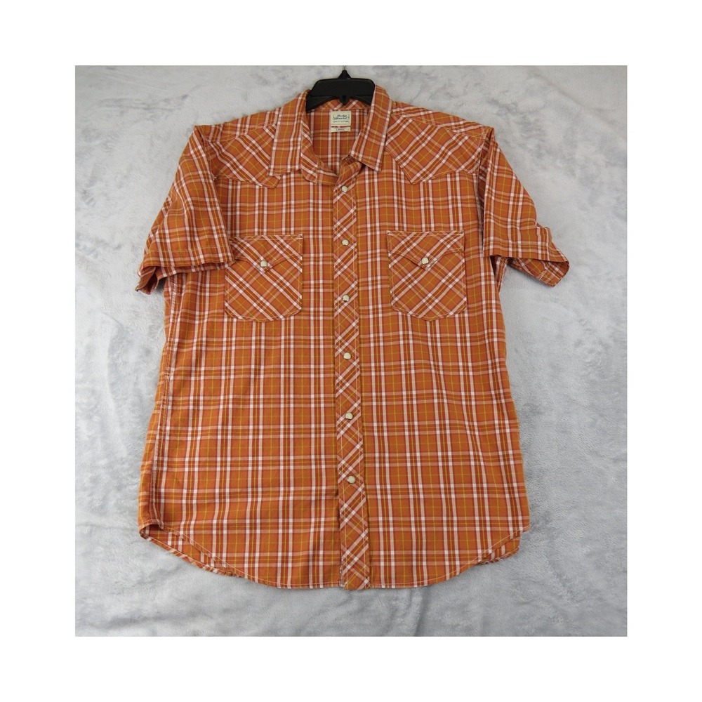 Lucky Brand Western Shirt Men Large Orange Plaid Pearl Snap Cotton